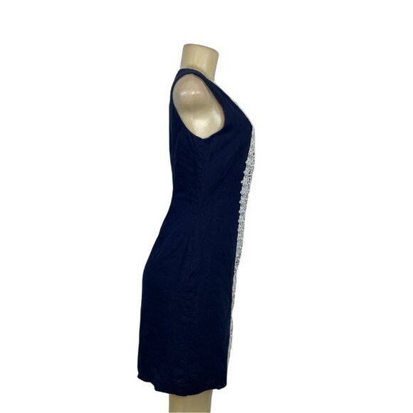 Carole Little Navy Sleeveless Linen Dress With White Lace Front Panel Size 4 - Picture 2 of 5